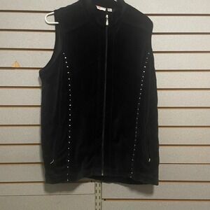 Quacker Factory Womens Studded Velvet Vest Black Sleeveless Full Zip‎ L